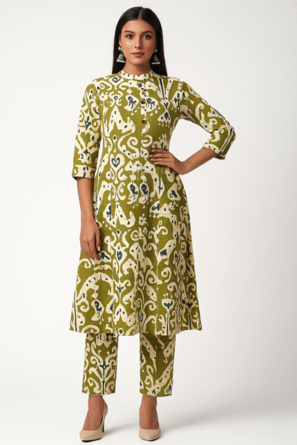 Olive Ikat Print Pure Cotton Ikkat Print Co-Ord Set