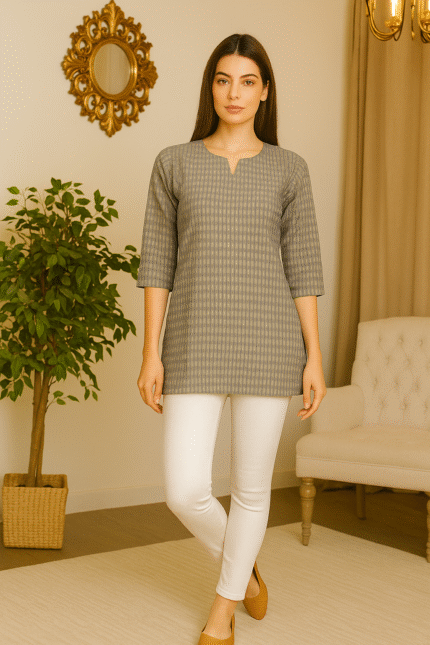 Grey and White Diagonal Stripe Poly Cotton Comfort Tunic