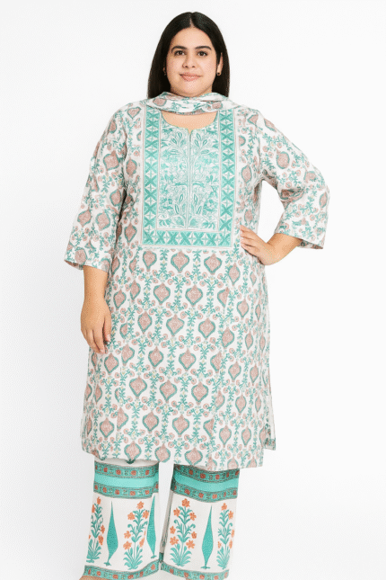 Gulmohar Plus-Size Cotton Kurta Set with Embroidery Work