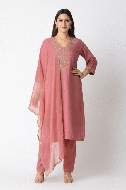 Pink Roman Silk Cotton Suit with Pearl and Piping Work Neck & Net Dupatta