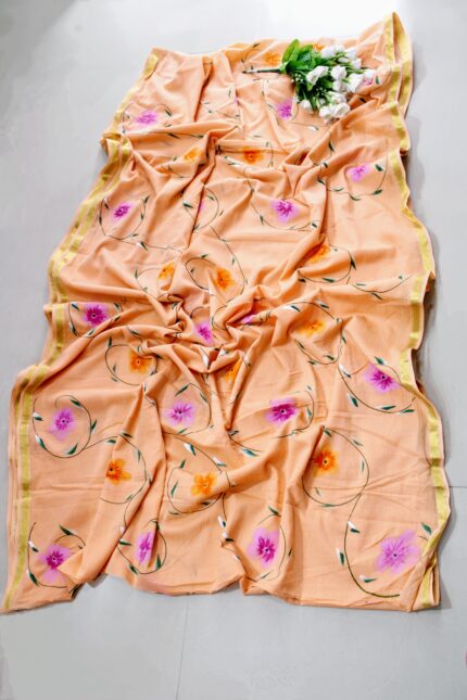 Phoolvatika Hand-Painted Mul Cotton Saree in Light Orange