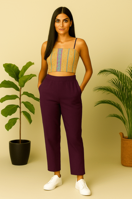 Wine Cotton Lycra Straight Pants